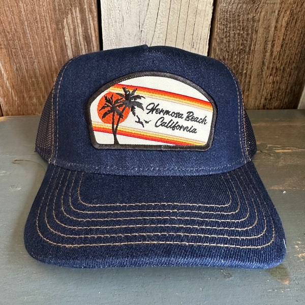 Hermosa Beach RETRO SUNSET Premium Denim Trucker Hat - Navy/Gold Stitching