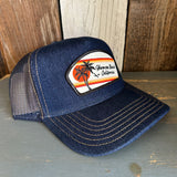 Hermosa Beach RETRO SUNSET Premium Denim Trucker Hat - Navy/Gold Stitching