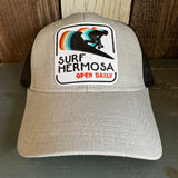 Hermosa Beach SURF HERMOSA :: OPEN DAILY 6 Panel Low Profile Mesh Back Trucker Hat -Black/ Heather Gray