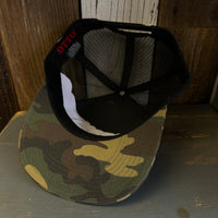 SOUTH BAY SURF (Navy Colored Patch) 7 Panel Mid Profile Trucker Snapback Hat - Camo/Black