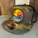 Hermosa Beach OBLIGATORY SUNSET 7 Panel Mid Profile Trucker Snapback Hat - Camo/Black