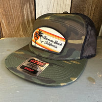 Hermosa Beach RETRO SUNSET 7 Panel Mid Profile Trucker Snapback Hat - Camo/Black