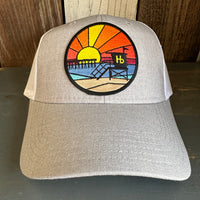 Hermosa Beach OBLIGATORY SUNSET 6 Panel Low Profile Mesh Back Trucker Hat - Heather Grey/White