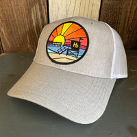 Hermosa Beach OBLIGATORY SUNSET 6 Panel Low Profile Mesh Back Trucker Hat - Heather Grey/White