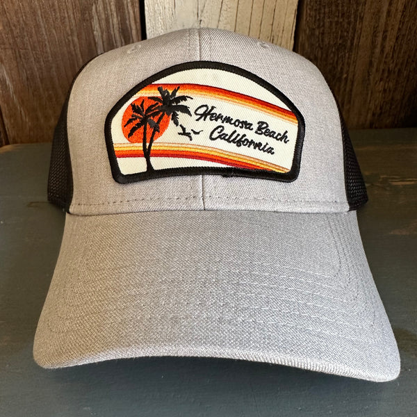 Hermosa Beach RETRO SUNSET 6 Panel Low Profile Mesh Back Trucker Hat -Black/ Heather Gray