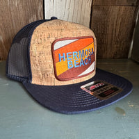Hermosa Beach GOLF CARTS & YOGA PANTS Premium Cork Trucker Hat - (Navy Blue/Cork)