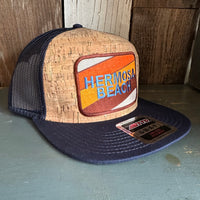 Hermosa Beach GOLF CARTS & YOGA PANTS Premium Cork Trucker Hat (Navy Blue)