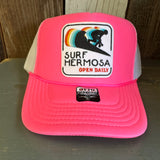 Hermosa Beach SURF HERMOSA :: OPEN DAILY Trucker Hat - Neon Pink/White