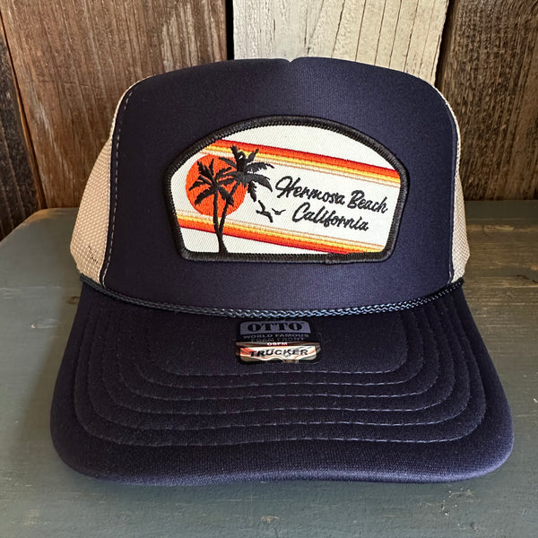 Hermosa Beach RETRO SUNSET High Crown Trucker Hat - Navy/Khaki
