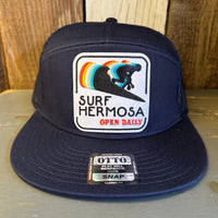 Hermosa Beach SURF HERMOSA :: OPEN DAILY 7 Panel Mid Profile Trucker Snapback Hat - Navy