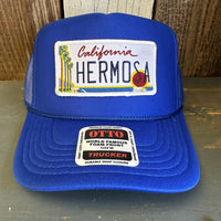 Hermosa Beach CALIFORNIA LICENSE High Crown Trucker Hat - Royal Blue (Curved Brim)