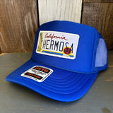 Hermosa Beach CALIFORNIA LICENSE High Crown Trucker Hat - Royal Blue (Curved Brim)