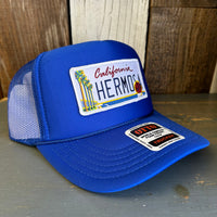 Hermosa Beach CALIFORNIA LICENSE High Crown Trucker Hat - Royal Blue (Curved Brim)