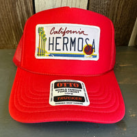 Hermosa Beach CALIFORNIA LICENSE PLATE High Crown Trucker Hat - Red