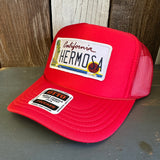 Hermosa Beach CALIFORNIA LICENSE PLATE High Crown Trucker Hat - Red