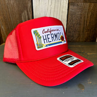 Hermosa Beach CALIFORNIA LICENSE PLATE High Crown Trucker Hat - Red