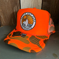 SOUTH BAY SURF (Multi Colored Patch) High Crown Trucker Hat - Neon Orange Hunters Camo