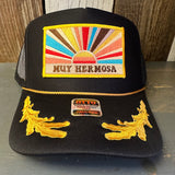 Hermosa Beach MUY HERMOSA 5 Panel High Crown Mesh Back Captain Trucker Hat- Black/Gold