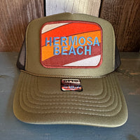 Hermosa Beach GOLF CARTS & YOGA PANTS High Crown Trucker Hat - Olive/Black (Curved Brim)