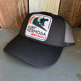 Hermosa Beach SURF HERMOSA :: OPEN DAILY - 5 Panel Mid Profile Trucker Hat - Black