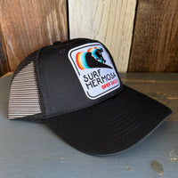 Hermosa Beach SURF HERMOSA :: OPEN DAILY - 5 Panel Mid Profile Trucker Hat - Black