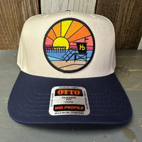 Hermosa Beach OBLIGATORY SUNSET 5 Panel Mid Profile Baseball Cap - Navy/Khaki