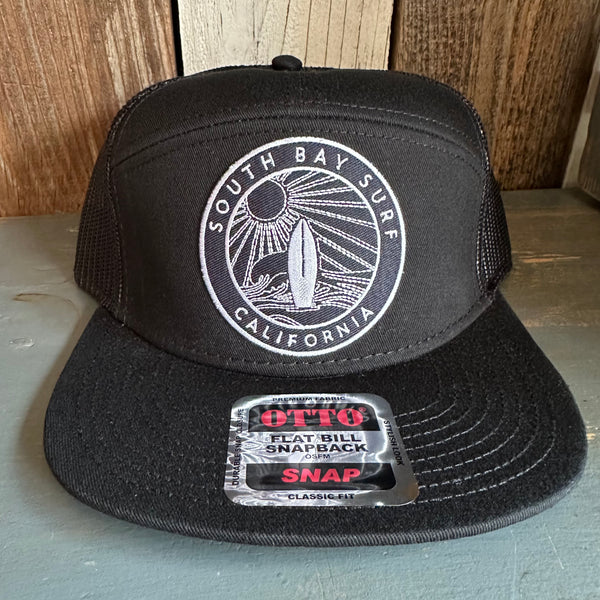 SOUTH BAY SURF (Navy Colored Patch) 7 Panel Mid Profile Trucker Snapback Hat - Black