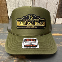 Hermosa Beach ARE YOU ESTABLISHED? High Crown Trucker Hat - Olive