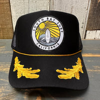 SOUTH BAY SURF (Multi color patch) 5 Panel High Crown Mesh Back Captain Trucker Hat- Black/Gold