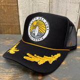 SOUTH BAY SURF (Multi color patch) 5 Panel High Crown Mesh Back Captain Trucker Hat- Black/Gold