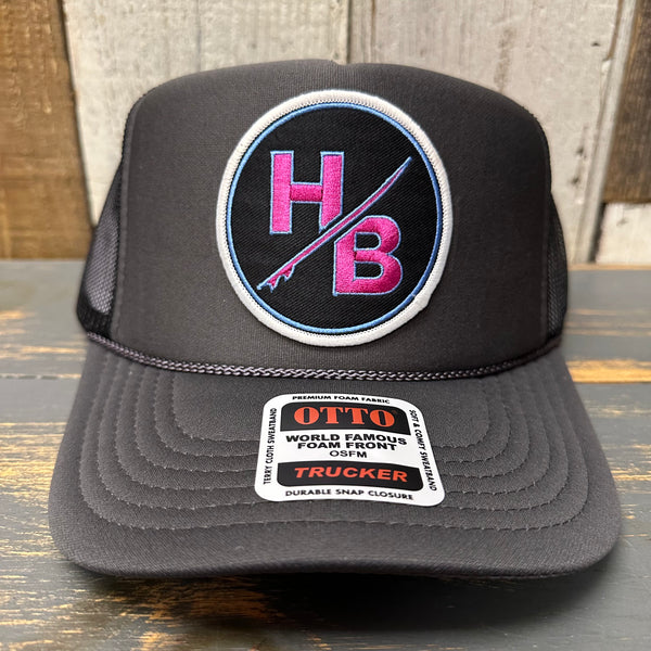 Hermosa Beach SO PITTED :: HB SURFBOARD High Crown Trucker Hat - Black/Charcoal