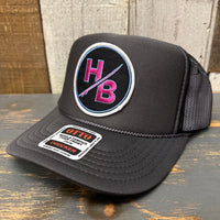 Hermosa Beach SO PITTED :: HB SURFBOARD High Crown Trucker Hat - Black/Charcoal