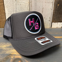 Hermosa Beach SO PITTED :: HB SURFBOARD High Crown Trucker Hat - Black/Charcoal