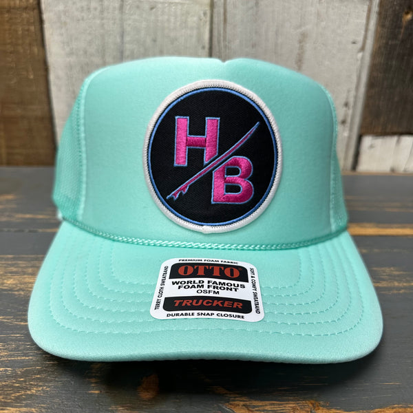 Hermosa Beach SO PITTED :: HB SURFBOARD  High Crown Trucker Hat - Seafoam Green