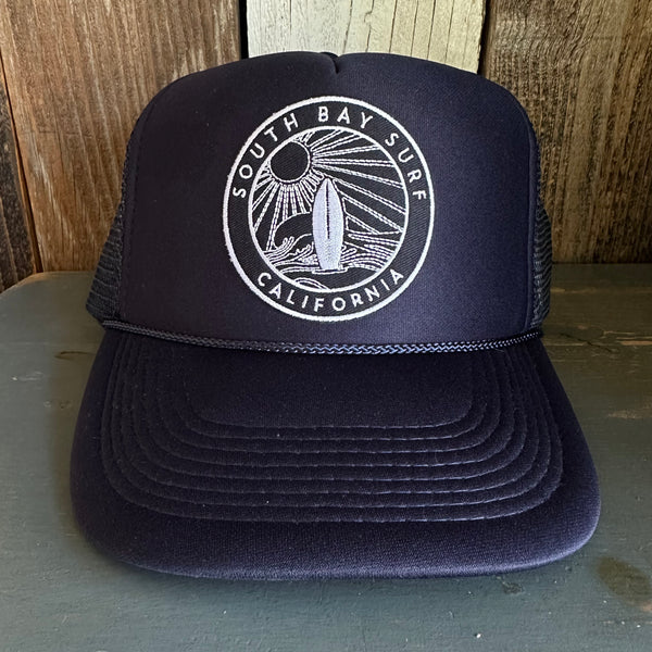 Hermosa Beach SOUTH BAY SURF (Navy Patch) Mid Crown Trucker Hat - Navy (Curved Logo)