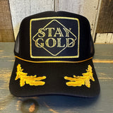 STAY GOLD 5 Panel High Crown Mesh Back Captain Trucker Hat- Black/Gold