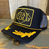 STAY GOLD 5 Panel High Crown Mesh Back Captain Trucker Hat- Black/Gold