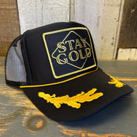 STAY GOLD 5 Panel High Crown Mesh Back Captain Trucker Hat- Black/Gold