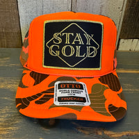 STAY GOLD High Crown Trucker Hat - Neon Orange Hunters Camo