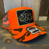 STAY GOLD High Crown Trucker Hat - Neon Orange Hunters Camo