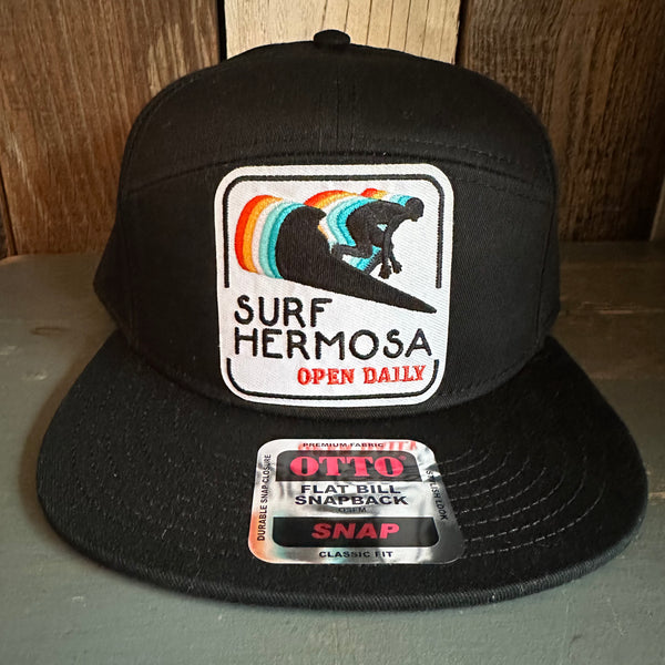 Hermosa Beach SURF HERMOSA :: OPEN DAILY  7 Panel Snapback Hat - Black