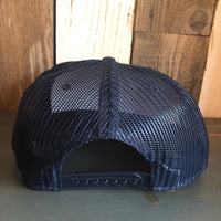 Hermosa Beach GOLF CARTS & YOGA PANTS Premium Cork Trucker Hat - (Navy Blue/Cork)