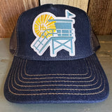 Hermosa Beach LIFEGUARD TOWER Premium Denim Trucker Hat - Navy/Gold Stitching
