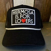 Hermosa Beach HERMOSA IS FOR LOVERS 5 panel Rope Trucker Cap - Black/White Braid (Curved Brim)