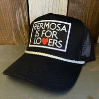 Hermosa Beach HERMOSA IS FOR LOVERS 5 panel Rope Trucker Cap - Black/White Braid (Curved Brim)