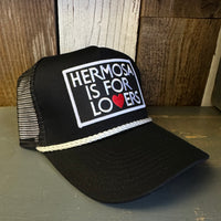 Hermosa Beach HERMOSA IS FOR LOVERS 5 panel Rope Trucker Cap - Black/White Braid (Curved Brim)