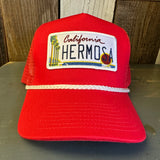 Hermosa Beach CALIFORNIA LICENSE PLATE 5 panel Rope Trucker Cap - Red/White Braid (Curved Brim)