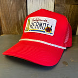 Hermosa Beach CALIFORNIA LICENSE PLATE 5 panel Rope Trucker Cap - Red/White Braid (Curved Brim)