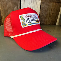 Hermosa Beach CALIFORNIA LICENSE PLATE 5 panel Rope Trucker Cap - Red/White Braid (Curved Brim)