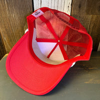 Hermosa Beach HERMOSA IS FOR LOVERS 5 panel Rope Trucker Cap - Red/White Braid (Curved Brim)